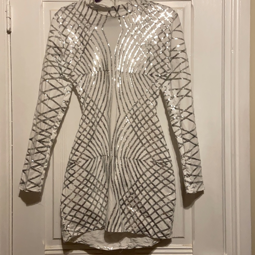 White with silver sequins dress